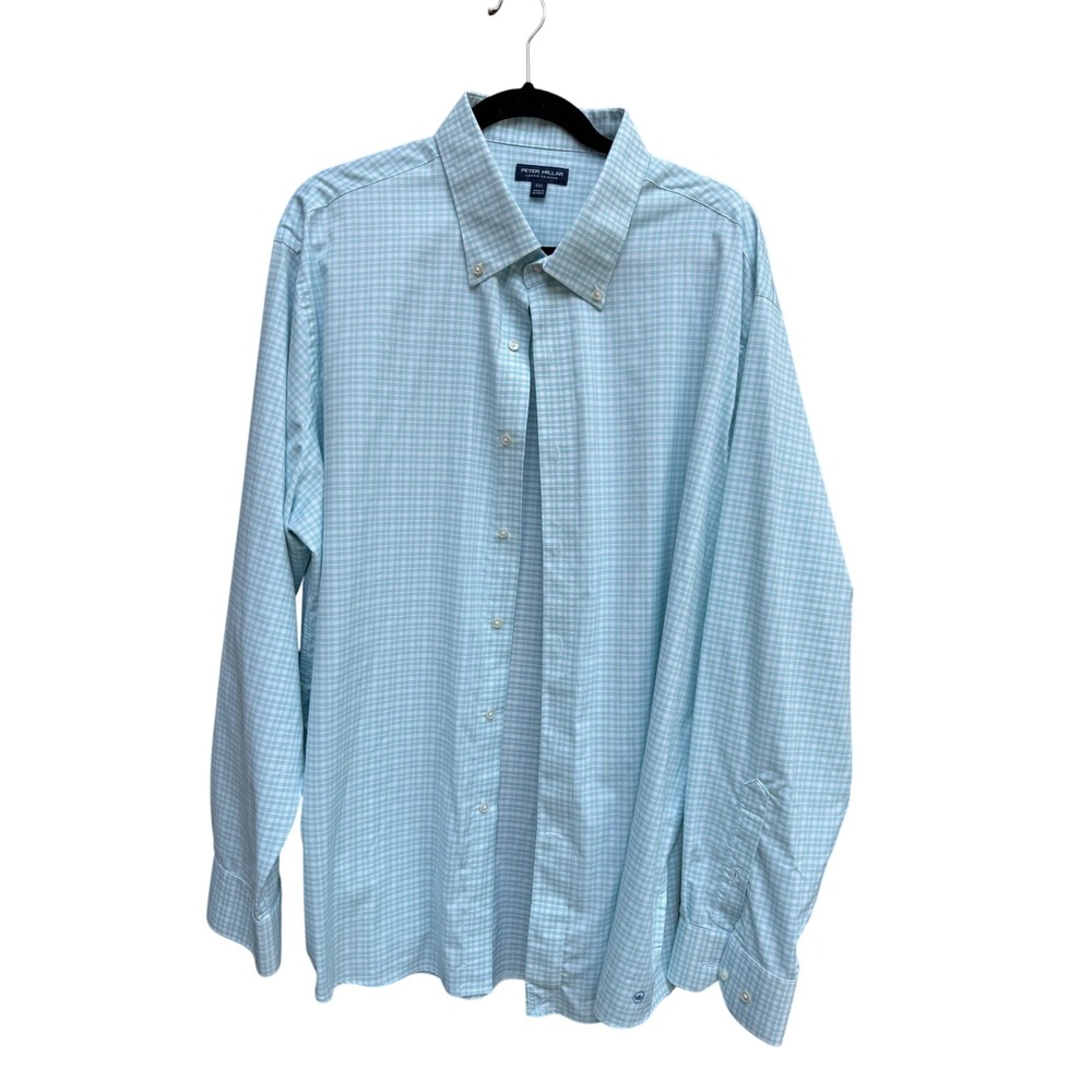 Peter Millar Crown Crafted Mens XXL Blue Green Check Performance Shirt MS23XW51L